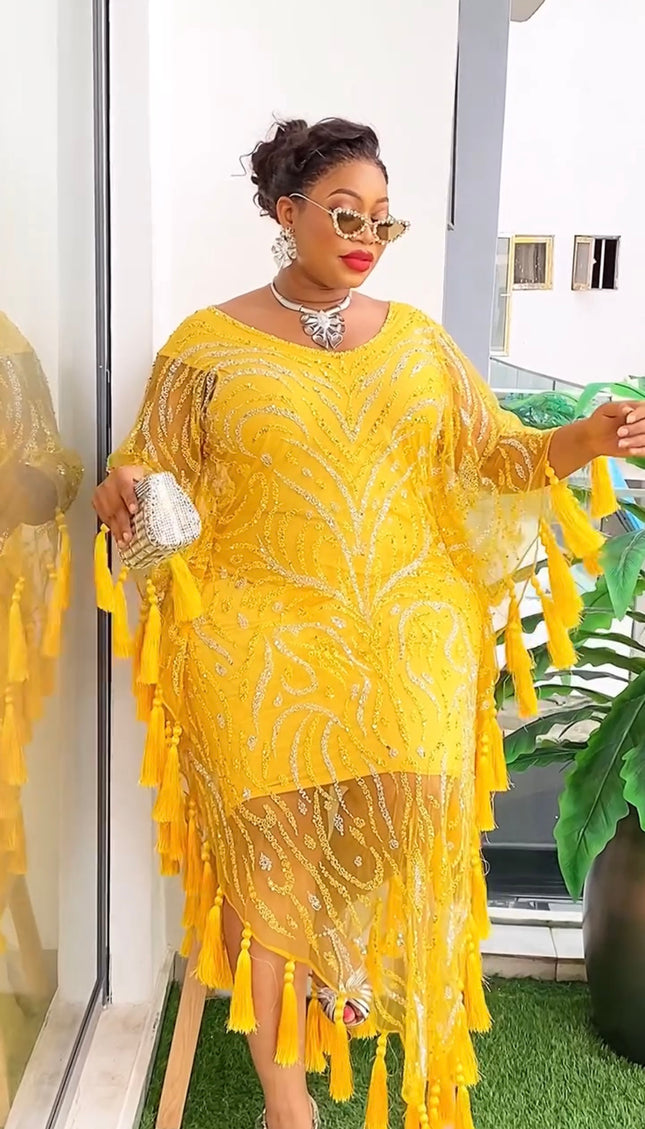 Embellished Beaded Kaftan Dress with Tassels | Celebration Mother of The Bride Wedding Guest Birthday Party