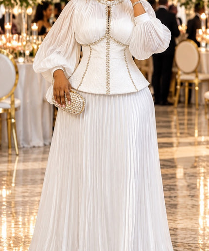 Classy White Wedding Guest 2-Piece Skirt Set Bishop Sleeve Corset Top & Pleats A-Line Skirt Outfit Naming Ceremony Engagement Party Church Mother of The Bride