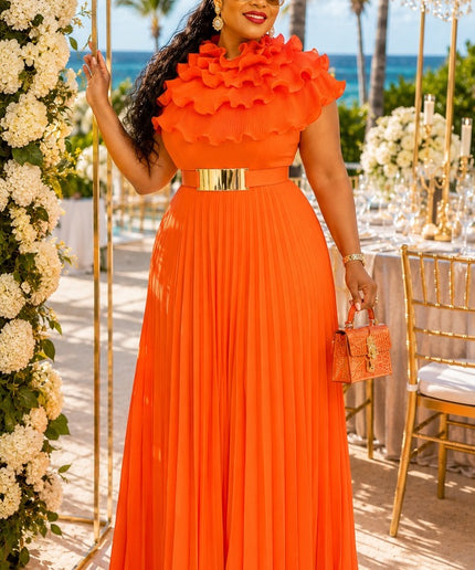 Glamorous Orange Ruffle Pleated Curvy Palazzo Jumpsuit Wedding Guest Birthday Party Outfit