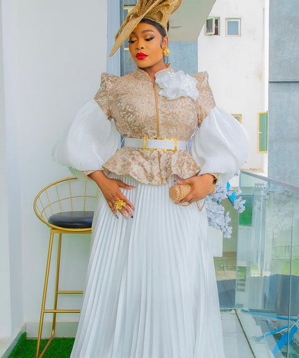 White and Gold Bishop Sleeve 3D Flower Peplum Top & Pleated Maxi Skirt 2-Piece Set