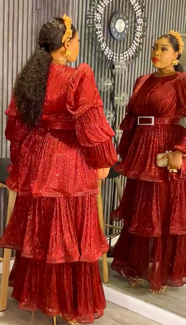 Waterfall Ruffle Bishop Sleeves Maxi Dress,  Mother of The Bride A-Line Gold Gown, Plus Size Evening Wear Gala Cocktail Party