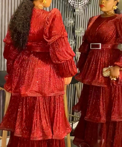 Waterfall Ruffle Bishop Sleeves Maxi Dress,  Mother of The Bride A-Line Gold Gown, Plus Size Evening Wear Gala Cocktail Party