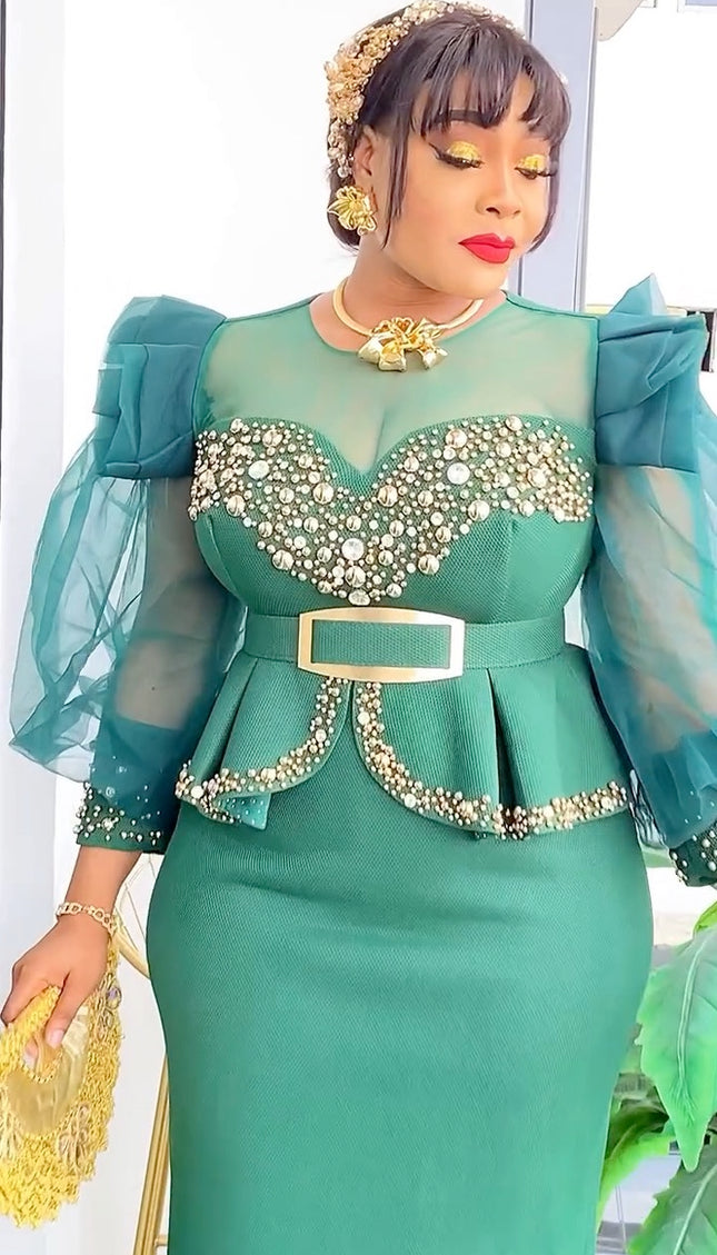 Ruffle Sleeve Embellished Peplum Maxi Dress