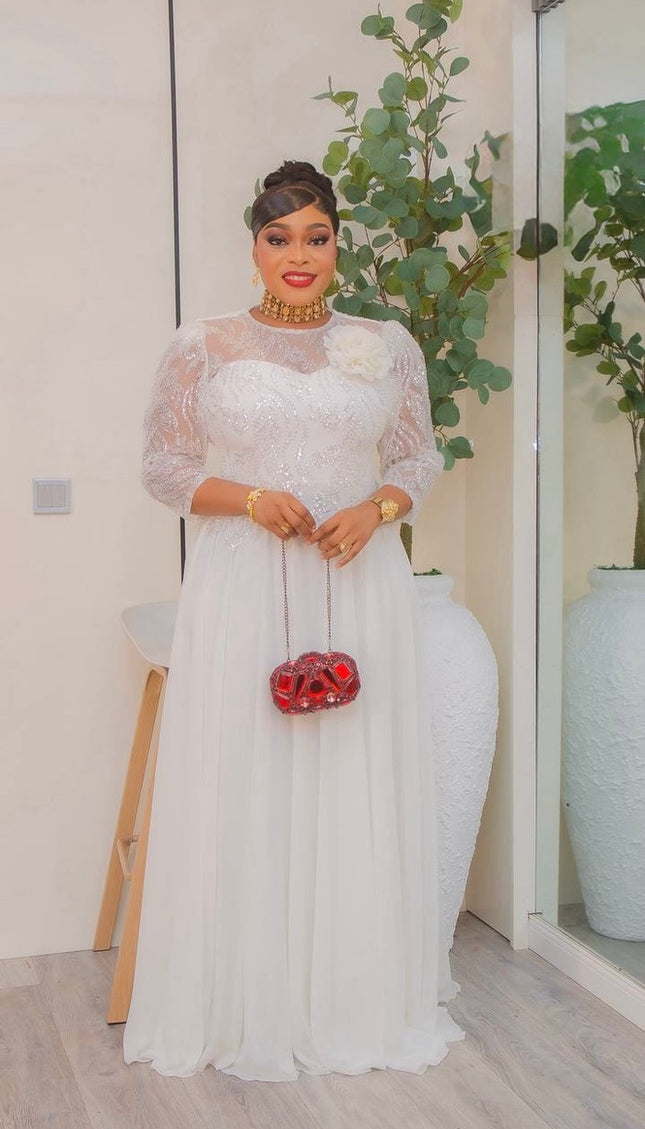 White Sequin Embellished A-Line Dress: Wedding Guest Attire Mother of The Bride Photoshoot Birthday Party