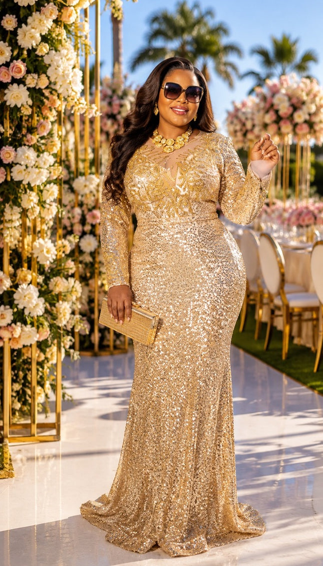 Sparkly Gold Sequin Mermaid Dress for Mother of The Groom Wedding Guest Cocktail Reception Birthday Dinner Formal Evening Gown