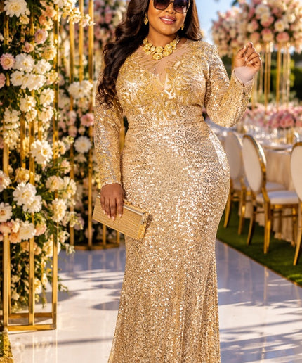 Sparkly Gold Sequin Mermaid Dress for Mother of The Groom Wedding Guest Cocktail Reception Birthday Dinner Formal Evening Gown
