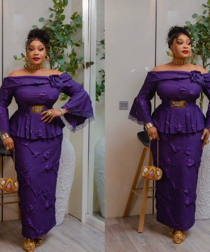 Elegant Purple Off-The-Shoulder 3D Flower Flare Sleeve Peplum Dress for Wedding Guest Birthday Photoshoot Cocktail Dinner Reception