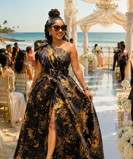 Luxury Black & Gold Brocade Twirl A-Line Dress for Party Cocktail Birthday Wedding Guest Mother of The Groom