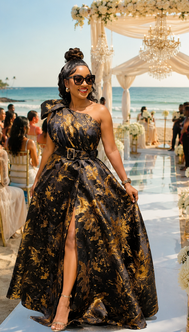 Luxury Black & Gold Brocade Twirl A-Line Dress for Party Cocktail Birthday Wedding Guest Mother of The Groom