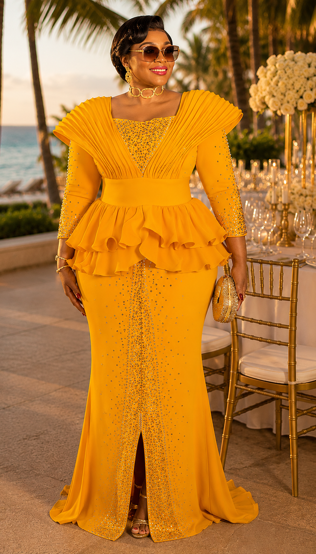 Classy Gold Rhinestone Structured Shoulder Ruffle Peplum Stretch Maxi Dress - Mother of The Bride Birthday Party Cocktail Reception Summer Wedding Guest Outfit Plus Size Formal Evening Gown