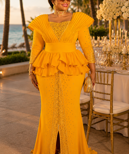 Classy Gold Rhinestone Structured Shoulder Ruffle Peplum Stretch Maxi Dress - Mother of The Bride Birthday Party Cocktail Reception Summer Wedding Guest Outfit Plus Size Formal Evening Gown