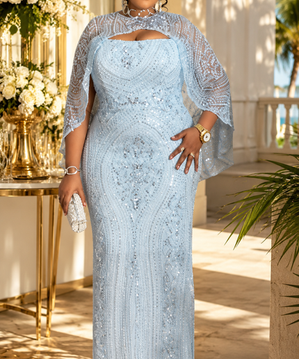 Brown Off-The-Shoulder Bead-Embellished Mermaid Dress with Matching Cape for Party Cocktail Wedding Guest Birthday Celebrant Mother of The Bride Gala