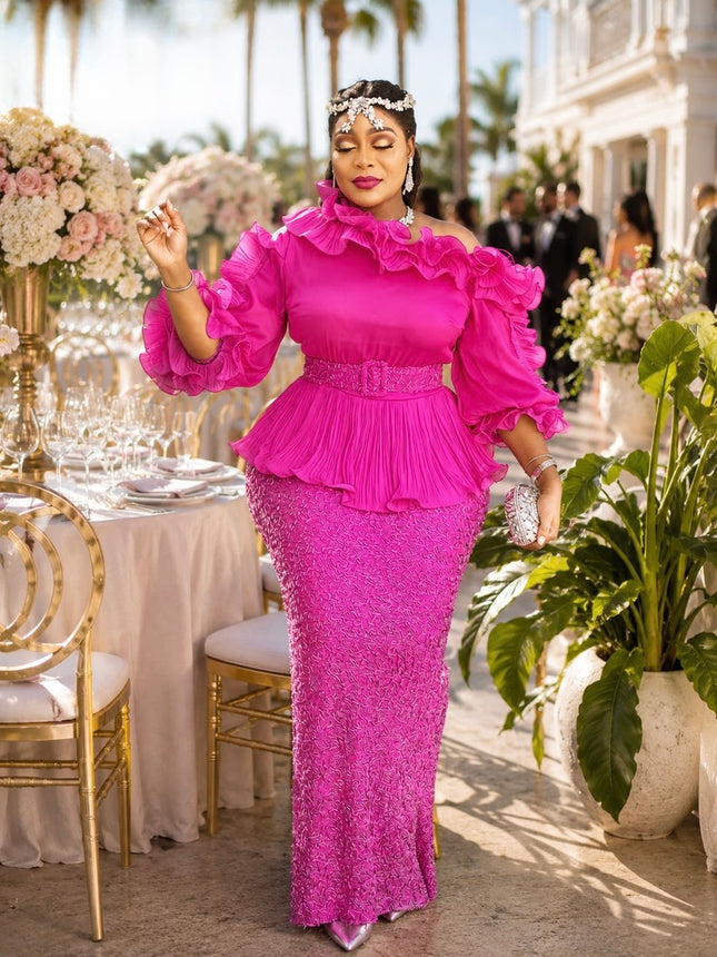 Dramatic Pink One-Shoulder Embellished Ruffle Peplum Dress Wedding Guest Mother of The Bride Cocktail Birthday Party Outfit