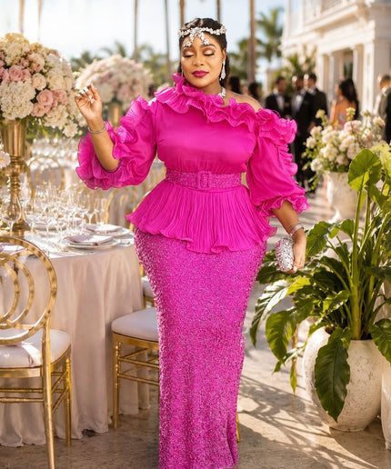Dramatic Pink One-Shoulder Embellished Ruffle Peplum Dress Wedding Guest Mother of The Bride Cocktail Birthday Party Outfit