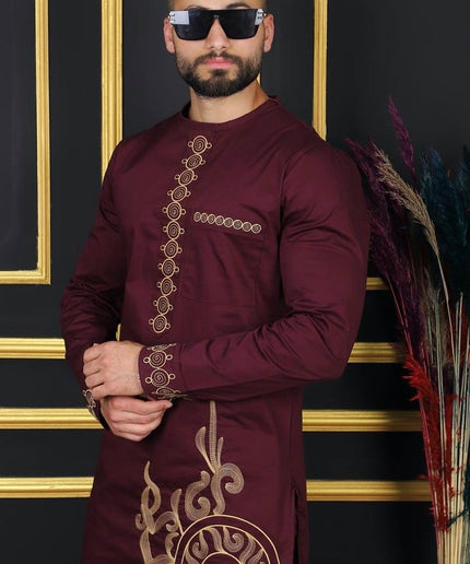 African Men's Traditional Wedding Attire, Black Embroidered Shirt & Pants Cotton 2-Piece Set, Groom Groomsmen Outfit Graduation Birthday Party