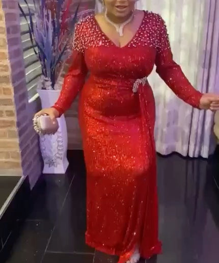 Red Sequin Beaded Maxi Dress | Wedding Guest Mother of The Bride Birthday Party