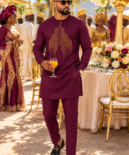 Luxury Men's African Wedding Guest Attire Black Embroidered Cotton Shirt & Pants 2-Piece Outfit for Groom Groomsmen Aso Ebi Father of The Bride Engagement Party Naming Ceremony Graduation Church Birthday Dinner Dashiki Buba & Sokoto