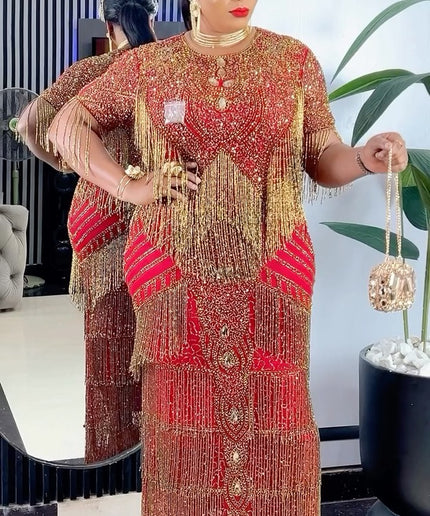 Metallic Gold Fringe Crystal Beaded Maxi Dress | Bridal Evening Gown Wedding Guest Birthday Party Mother of The Bride Graduation