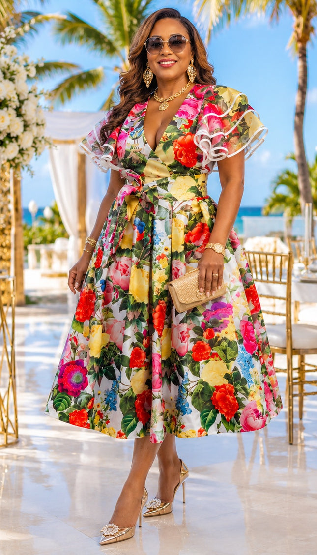 White Floral Ruffle Sleeve Twirl Skater Midi Dress - Wedding Guest Graduation Church Anniversary Birthday Cocktail Tea Party Outfit