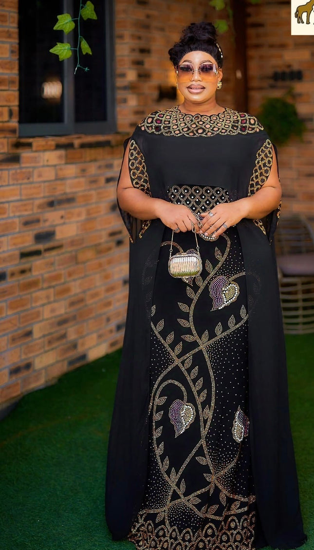Bling Embellished Kaftan Dress with Cape