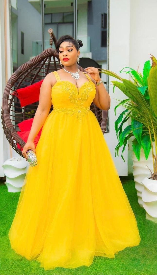 Yellow Spaghetti Strap Beaded A-Line Flare Gown for Mother of The Bride Wedding Guest Birthday Photoshoot