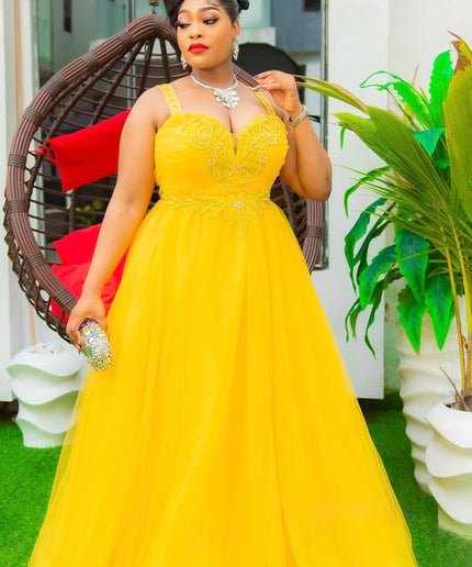 Spaghetti Strap Wedding Guest Dress Yellow, Plus Size Mother of Bride A-Line Gown, Applique Embellished Bridal Reception Gown, Birthday Party Cocktail Anniversary Grad Gala Dinner
