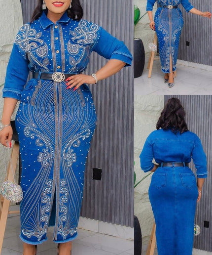 Denim on Denim Embellished Shirt and Skirt Party Outfit, Matching 2 Piece Set, Cotton Stretch Jeans Hot Gyal Curvy Fashion Birthday Ladies Night Date Dance Concert Casual Wear