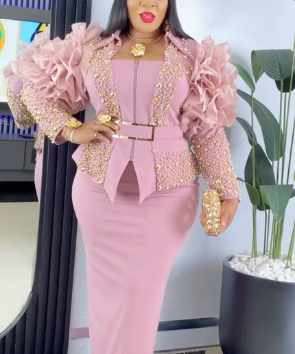 Dramatic Ruffle Sleeve Embellished Top and Skirt