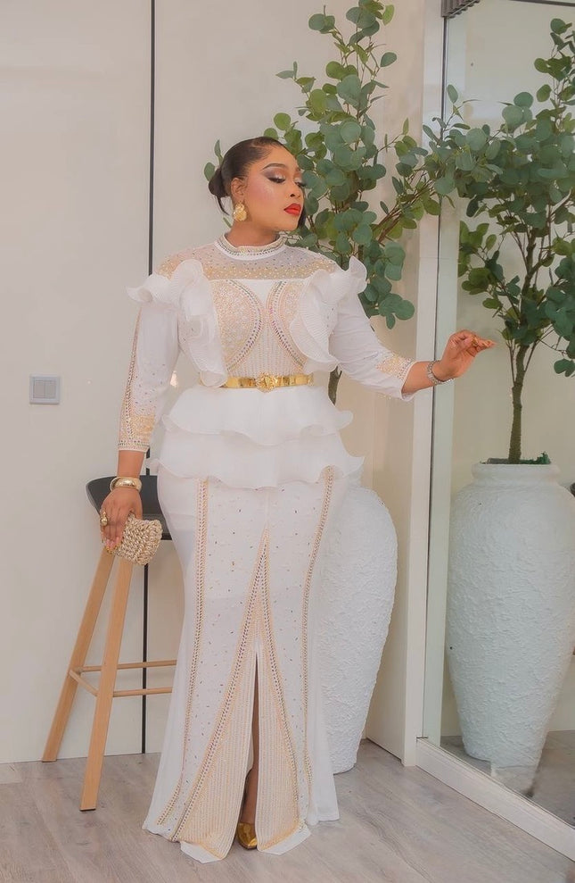 White Rhinestone Embellished Dramatic Ruffle Peplum Stretch Dress for Wedding Mother of The Bride Birthday Dinner Party Outfit Formal Evening Gown