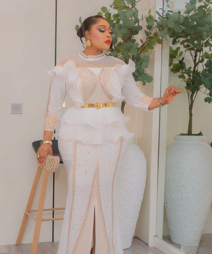 White Rhinestone Embellished Dramatic Ruffle Peplum Stretch Dress for Wedding Mother of The Bride Birthday Dinner Party Outfit Formal Evening Gown
