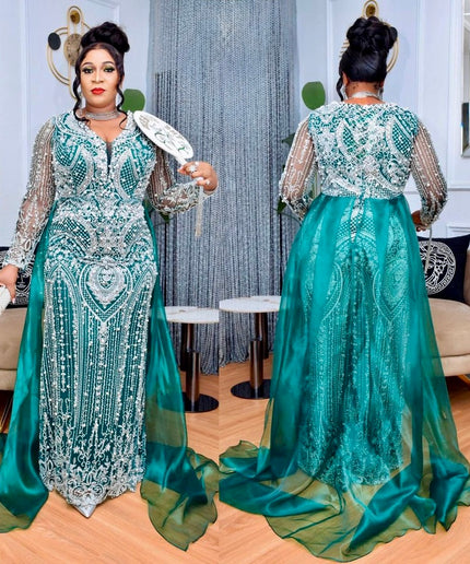 Plus Size Embellished Mother of The Bride Mermaid Gown Overskirt, Beaded Wedding Guest Dress Floor Length Maxi, Birthday Dinner Reception Gala Dress