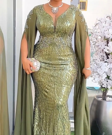 Cape Sleeve Gold Sequin Cocktail Mermaid Dress, Wedding Guest Maxi Dress, Plus Size Mother of The Bride Gown, Party Birthday Dinner Celebrant Worthy