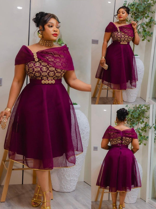 Purple Off-The-Shoulder Embellished Skater Midi Dress for Wedding Guest Birthday Party