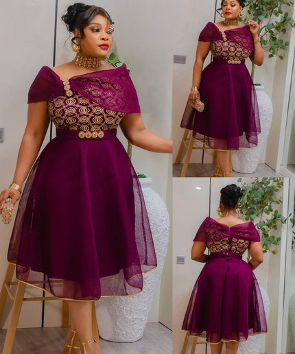 Purple Off-The-Shoulder Embellished Skater Midi Dress for Wedding Guest Birthday Party