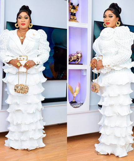 White Embellished Wedding Guest Dress Pleated Waterfall Ruffles, Birthday Party Celebrant Photoshoot, Mother of The Bride Mermaid Gown