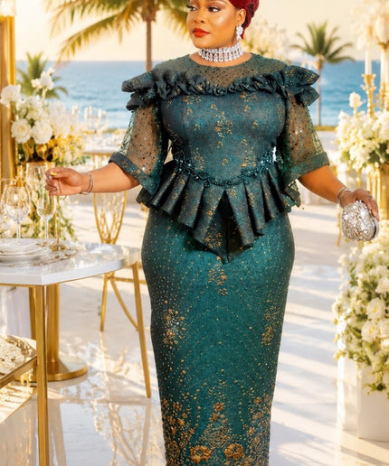 Standout Purple Sequin Embellished Ruffle Peplum Top & Skirt Set for Mother of The Bride Wedding Guest Celebrant Birthday Party Cocktail Reception Church Anniversary