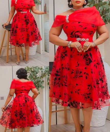 Red Off-Shoulder Rhinestone Embellished Twirl Skater Midi Dress Wedding Guest Cocktail Party Dinner Birthday Church Gala Anniversary