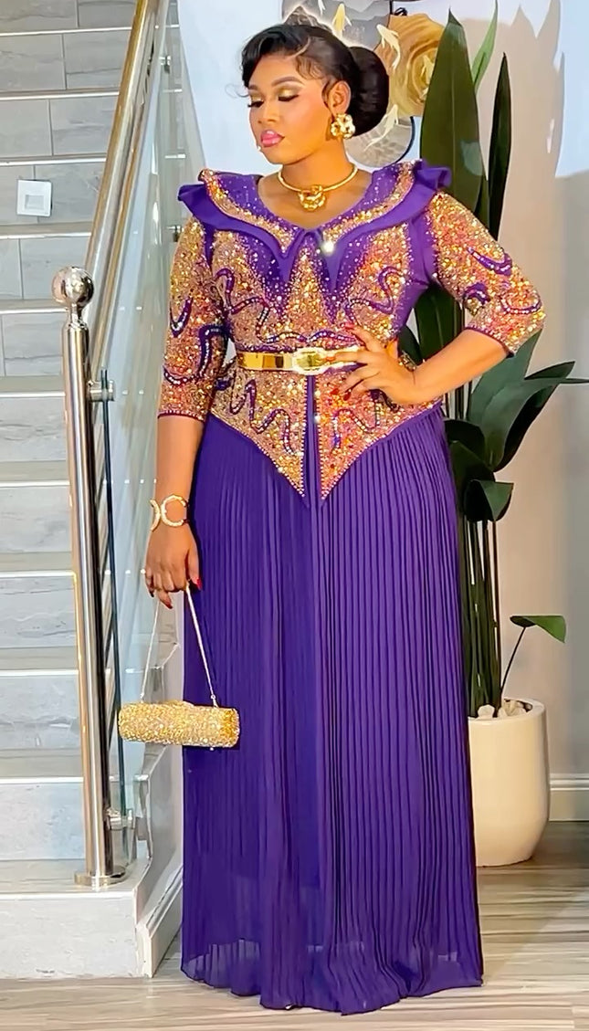 Sparkly Purple Rhinestone Peplum Pleated Dress - Birthday Party Graduation Wedding Guest