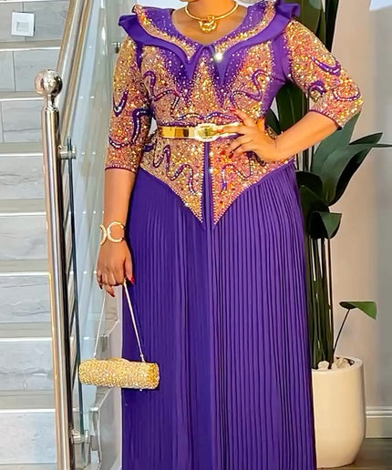 Sparkly Purple Rhinestone Peplum Pleated Dress - Birthday Party Graduation Wedding Guest