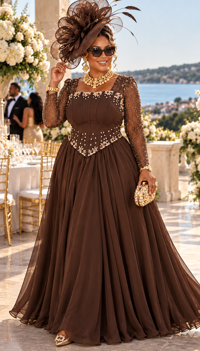 "Ready For The Spotlight" Beige Crystal-Embellished Mother of The Bride A-Line Dress Wedding Guest Celebrant Birthday Holiday Cocktail Reception Party Floor-Length Formal Evening Gown Plus Size