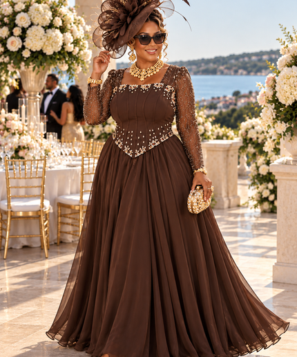 "Ready For The Spotlight" Beige Crystal-Embellished Mother of The Bride A-Line Dress Wedding Guest Celebrant Birthday Holiday Cocktail Reception Party Floor-Length Formal Evening Gown Plus Size