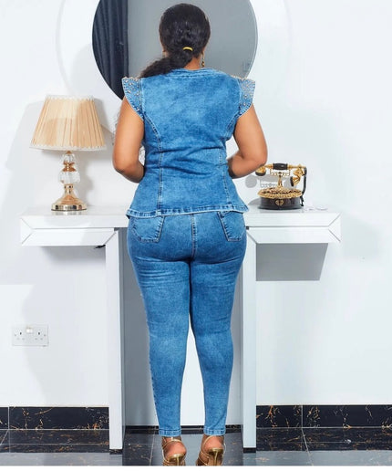 Sleeveless Denim on Denim Rhinestones Stretch Curvy Jeans Birthday Party Outfit, Denim and Diamonds