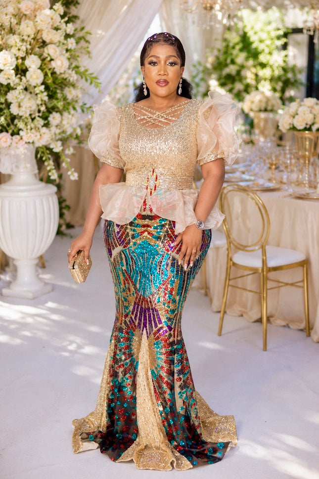 Gold Sequin Dramatic Ruffle Sleeve Embellished Mermaid Dress, Formal Evening Gown for Wedding Guest Mother of The Bride Cocktail Gala Party