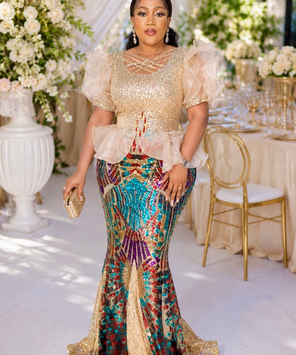 Gold Sequin Dramatic Ruffle Sleeve Embellished Mermaid Dress, Formal Evening Gown for Wedding Guest Mother of The Bride Cocktail Gala Party