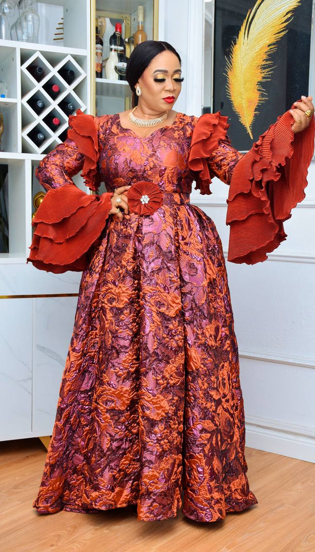 Metallic Brocade Ruffle Sleeve Wedding Guest A-line Gown, Plus Size Mother of The Bride Ball Gown, Dress for Birthday Party Photoshoot Anniversary Dinner Reception Gala Graduation