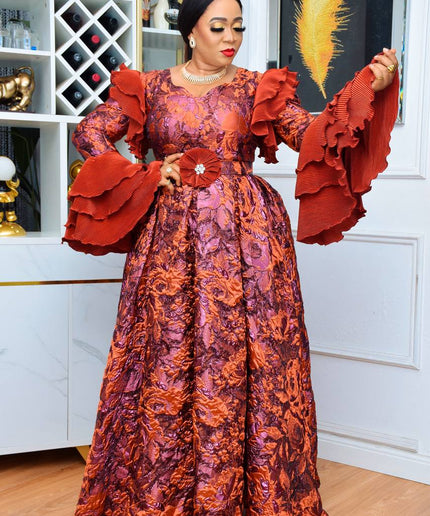 Metallic Brocade Ruffle Sleeve Wedding Guest A-line Gown, Plus Size Mother of The Bride Ball Gown, Dress for Birthday Party Photoshoot Anniversary Dinner Reception Gala Graduation