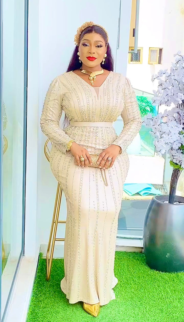 Metallic Embellished Hourglass Waist Floor Evening Gown | Celebrant Wedding Guest Birthday Party Mother of The Bride Gala