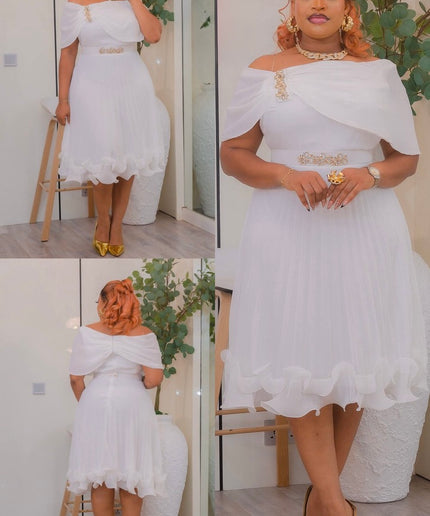 White Off-The-Shoulder Ruffle Twirl Skater Sleeveless Midi Dress Wedding Birthday Party Cocktail