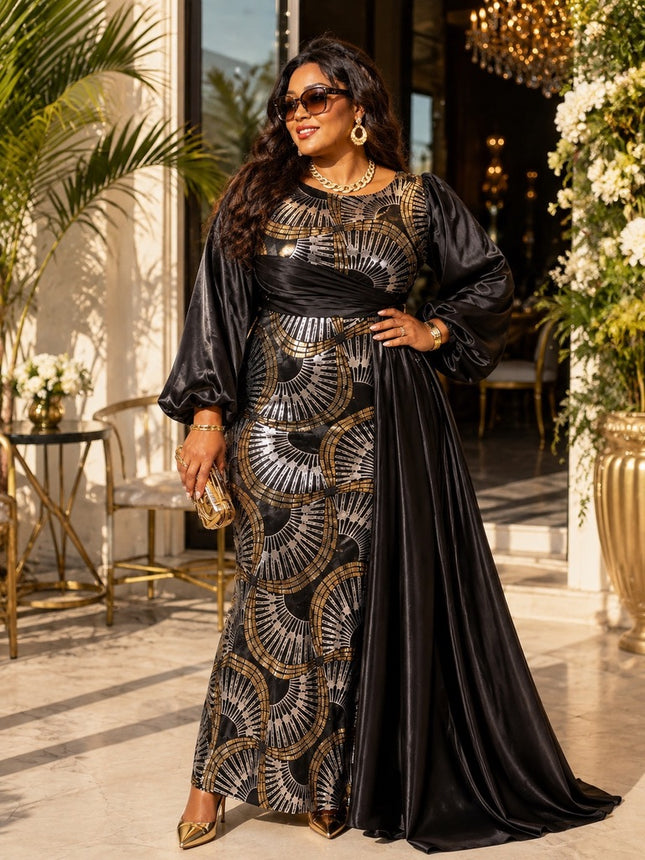 Luxury Sequin Draped Maxi Dress for Black Tie Attire Dinner Mother of The Bride Wedding Guest Cocktail Reception Birthday Party