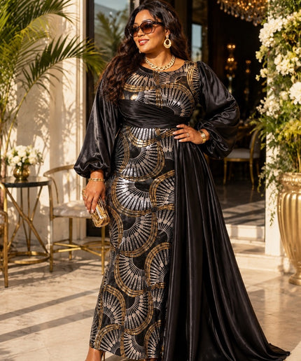 Luxury White & Gold Sequin Draped Maxi Dress for Mother of The Bride Wedding Guest Cocktail Reception Birthday Party